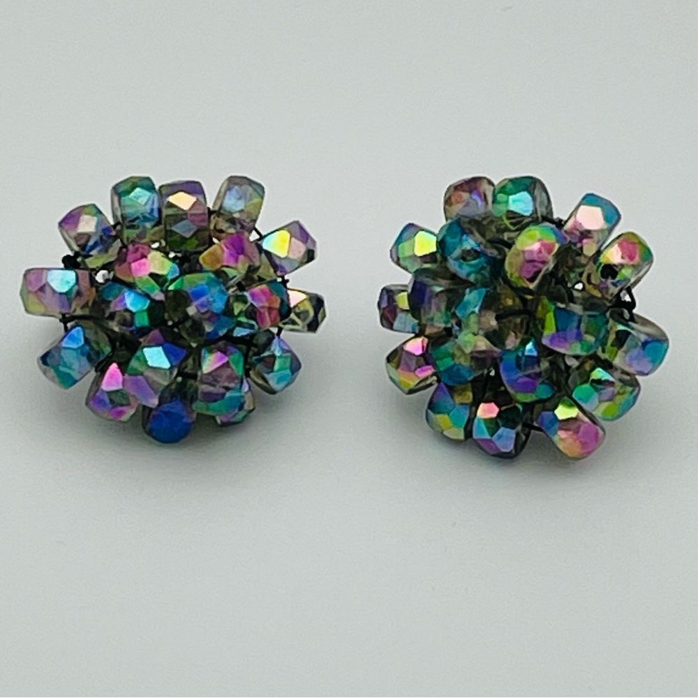 Vintage 60’s Vogue Aurora Borealis Rhinestone Clip Earrings Colorful Ret…